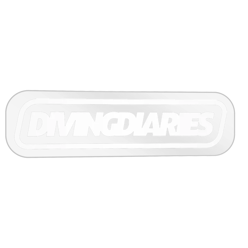 An 83mm front adhesive DDIARIES decal, the wordmark in white ink on clear film. Drag it to tilt it in the light.